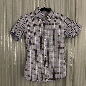 purple Checked Button Down Short Sleeved Shirts